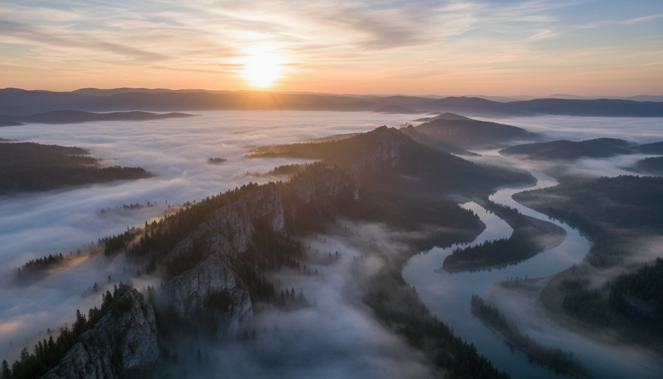 Wide angle drone shot of misty mountain range